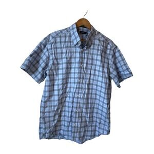 LINCS DAVID CHU 100% Egyptian Cotton Mens Short Sleeve Button Up Plaid Size L
